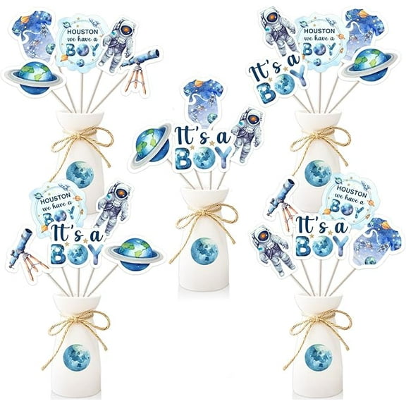 24pcs Space Baby Shower Table Centerpieces, Boy Space Theme, Double Sided Table Toppers for Houston We Have a Boy Baby Shower Decorations