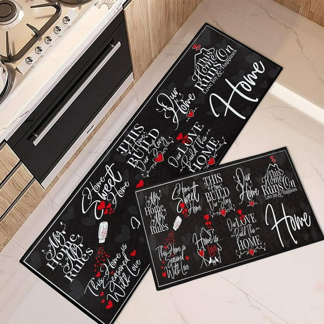 Black Love Heart Kitchen Rugs Set - Non-Skid Washable Red Heart Mats, My Sweet Home Runner Rug, Modern Phrase Doodle Kitchen Decor, Set of 2, Adds a Romantic Touch