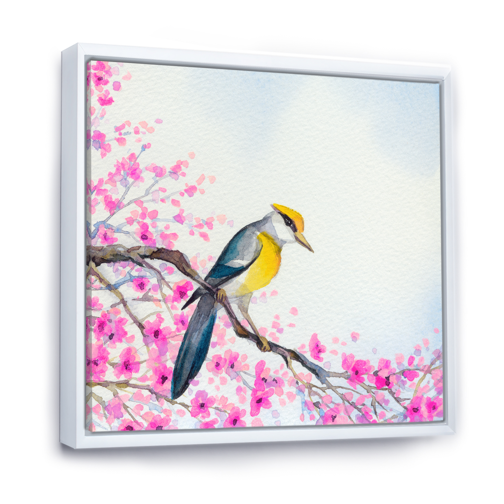 Beautiful Bird Sitting On Flowering Branch 30 in x 30 in Framed Painting Canvas Art Print, by Designart