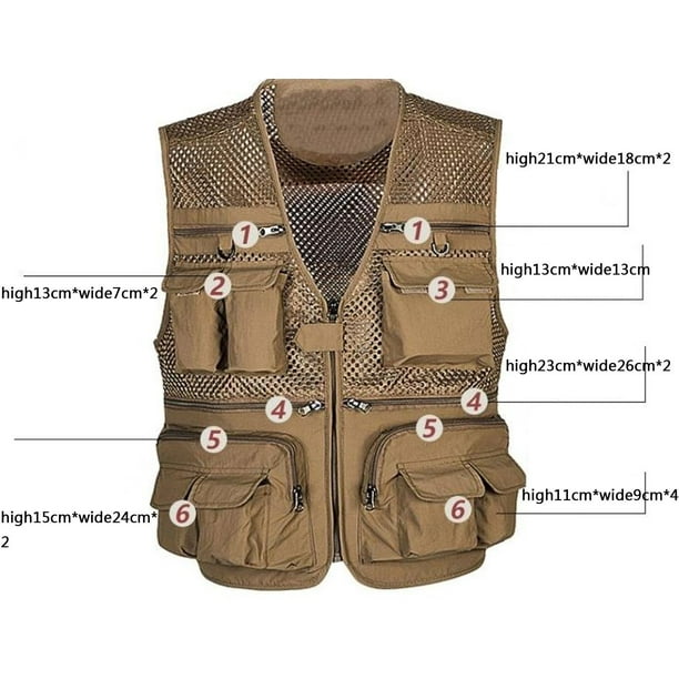 Flygo Zhusheng Men's Mesh 16 Pockets Photography Fishing Travel Outdoor  Quick Dry Vest Breathable Waistcoat Jackets (Small, Light Khaki) 