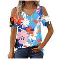 thumbnail image 4 of Women's Summer Trendy Tops Floral Printed Cold Shoulder Tunic Tee Shirt V Neck Short Sleeve Casual Blouses Beach Outfits (S, Blue), 4 of 7