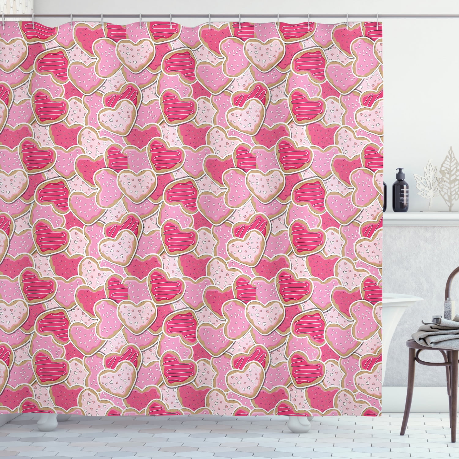 Ambesonne Valentines Shower Curtain, Heart Shapes Cookies, 69