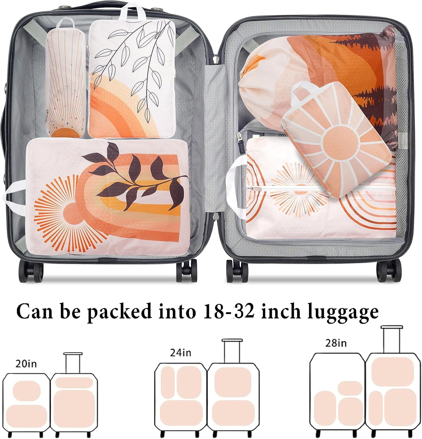 Compression Packing Cubes for Suitcases, 6 Set Travel Luggage Organizer Bags, Lightweight Waterproof Smell Proof Bohemia Packing Cubes as Travel Accessories for Women