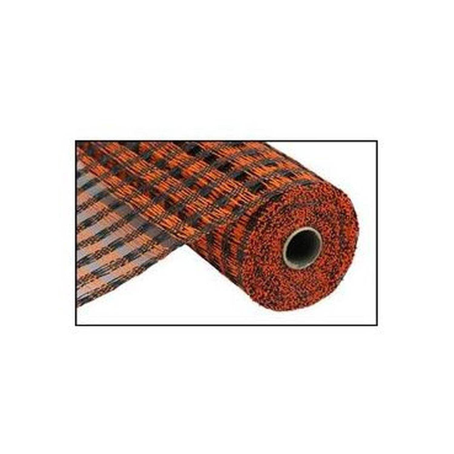 10" Poly Burlap Check Mesh Ribbon: Black  Orange (10 Yards)