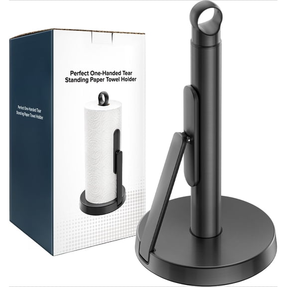 Heavy-Duty Stainless Steel Paper Towel Holder with Tension Arm – Easy One-Handed Tear, Modern Standing Countertop Dispenser for Kitchen, Holds All Paper Towel Rolls (1, Black)