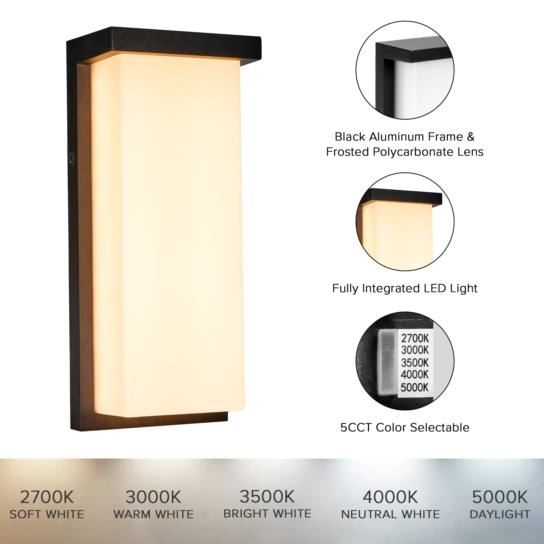 Maxxima 14" LED Outdoor Wall Light, Black w/ Frosted Lens, Modern Porch Light, 2500 Lumens, 5 CCT 2700K-5000K