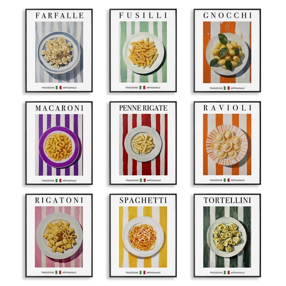 Stupell Industries Traditional Pasta Plates Cuisine Food & Beverage Painting Black Framed Art Print Wall Art, 11 x 14, Set of 9