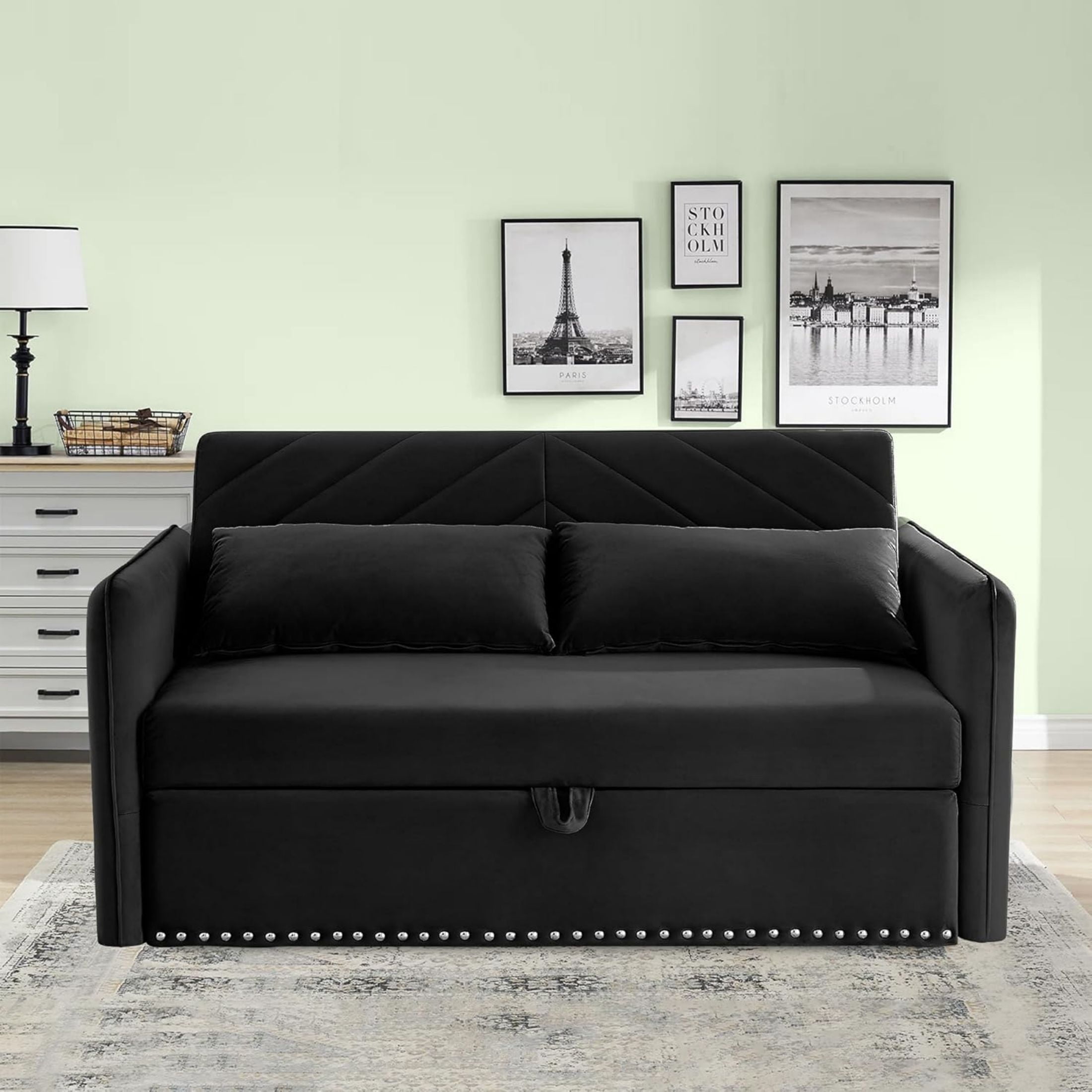 DEALTOPS Pull Out Sofa Bed, Convertible Loveseat Sleeper Sofa with USB Ports and Side Pockets, Black