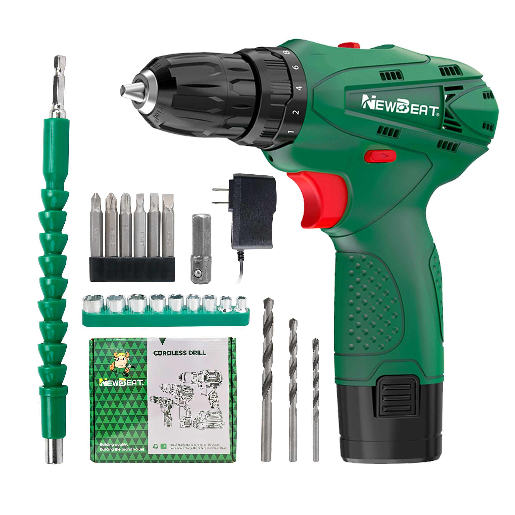 NEWBEAT Cordless Drill, 12V Power Drill Set with Battery, 3/8" Keyless Chuck, 2 Variable Speed, 18+1 Torque Setting for Home and Diy, Green