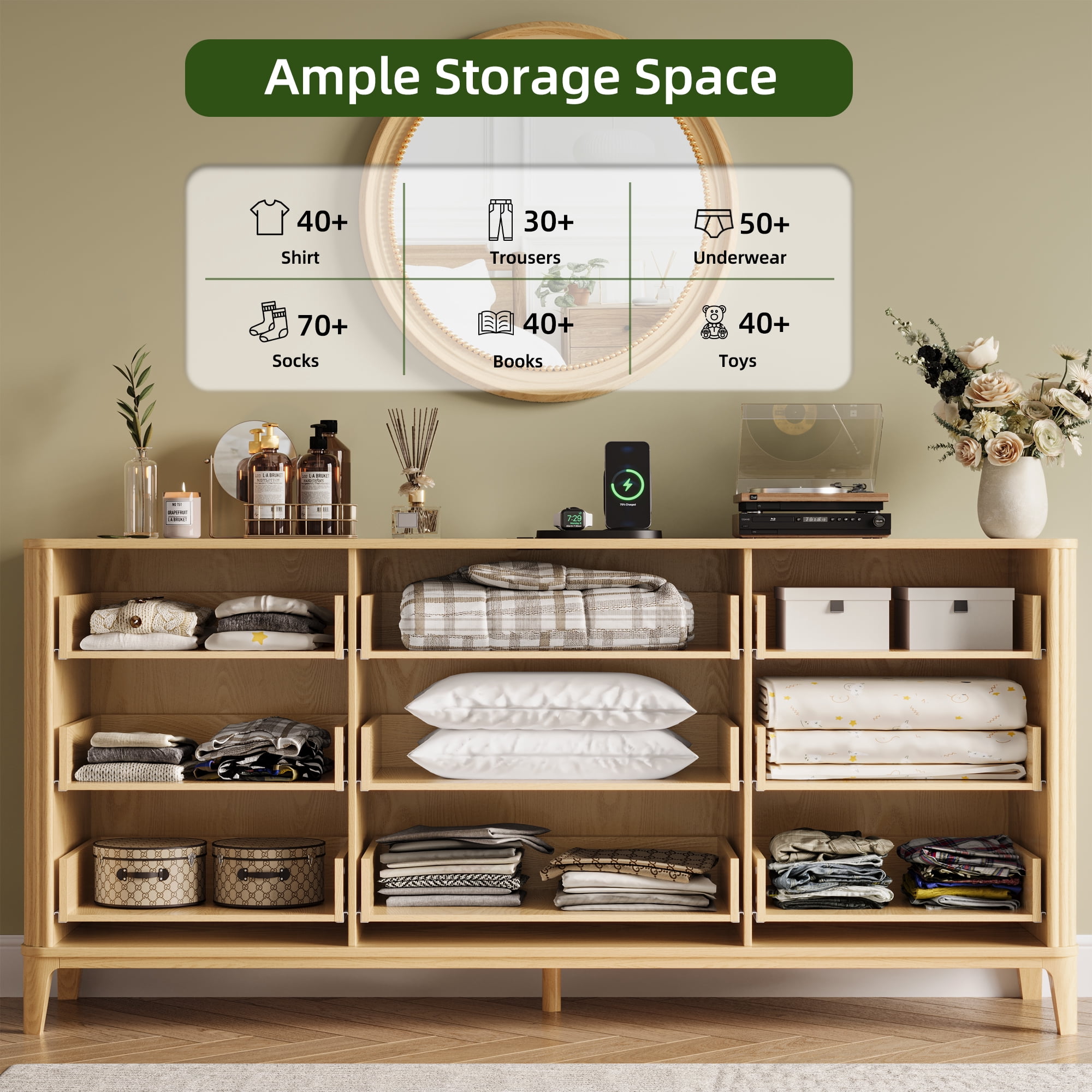 UGTOO 62.9" Extra length 9-Drawers Dresser, Natural Wood Storage Cabinet with Gold Handles Multi-Functional Organizer for Bedroom, Living Room & Kitchen, 25 lbs/Drawer Capacity