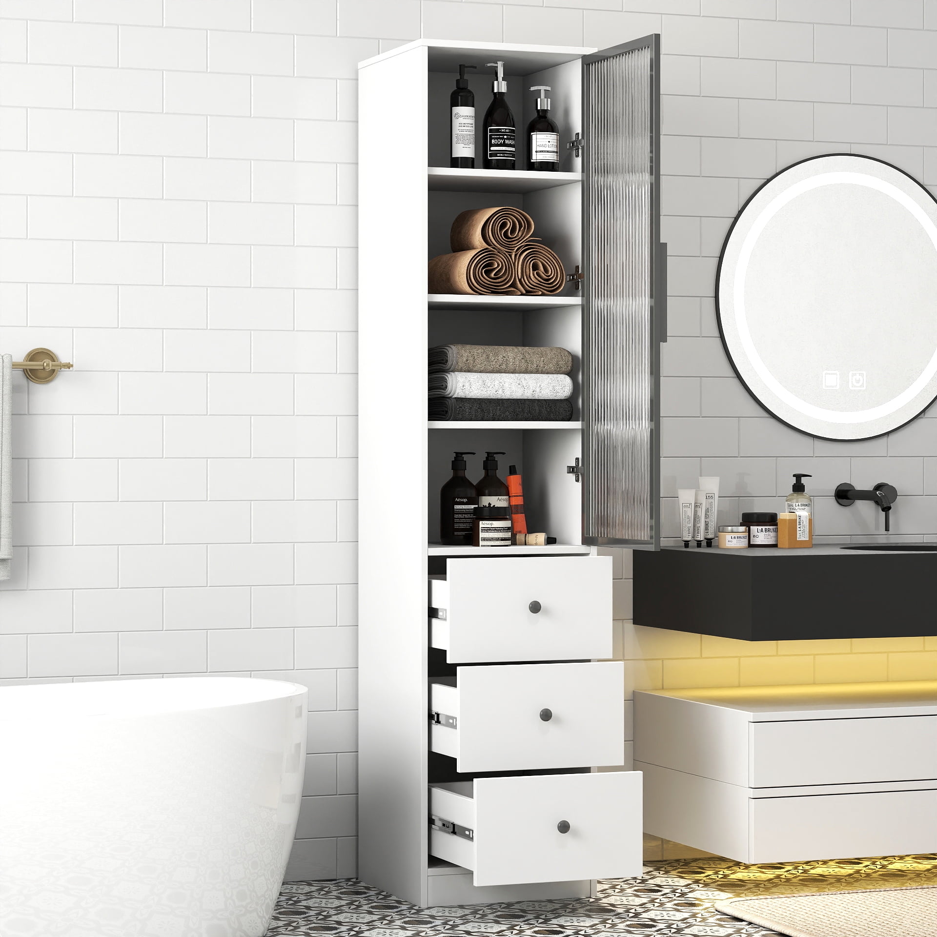 Tall Bathroom Storage Cabinet Narrow Unit with Glass Door 3 Drawers, White