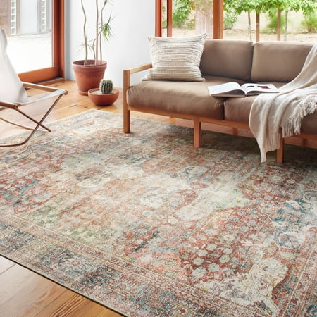 Alexander Home Tremezzina Printed Distressed Area Rug 2 3  x 3 9  2  x 3  Accent  Indoor Entryway  Kitchen  Bathroom Bring vintage vibes to your shabby-chic space with the Tremezzina area rug from Alexander Home. The distressed polyester pile is patterned with a rust  blue  and ivory Oriental design. Choose from six sizes to accent your entryway or living area. Features: Made of 100-percent polyester Cotton canvas backing Shabby chic  vintage style Distressed Oriental pattern Rust  blue  ivory  and beige color Zig-zag stitched border Machine-made Latex free Stain-resistant 0.25-inch pile height Available in 6 sizes