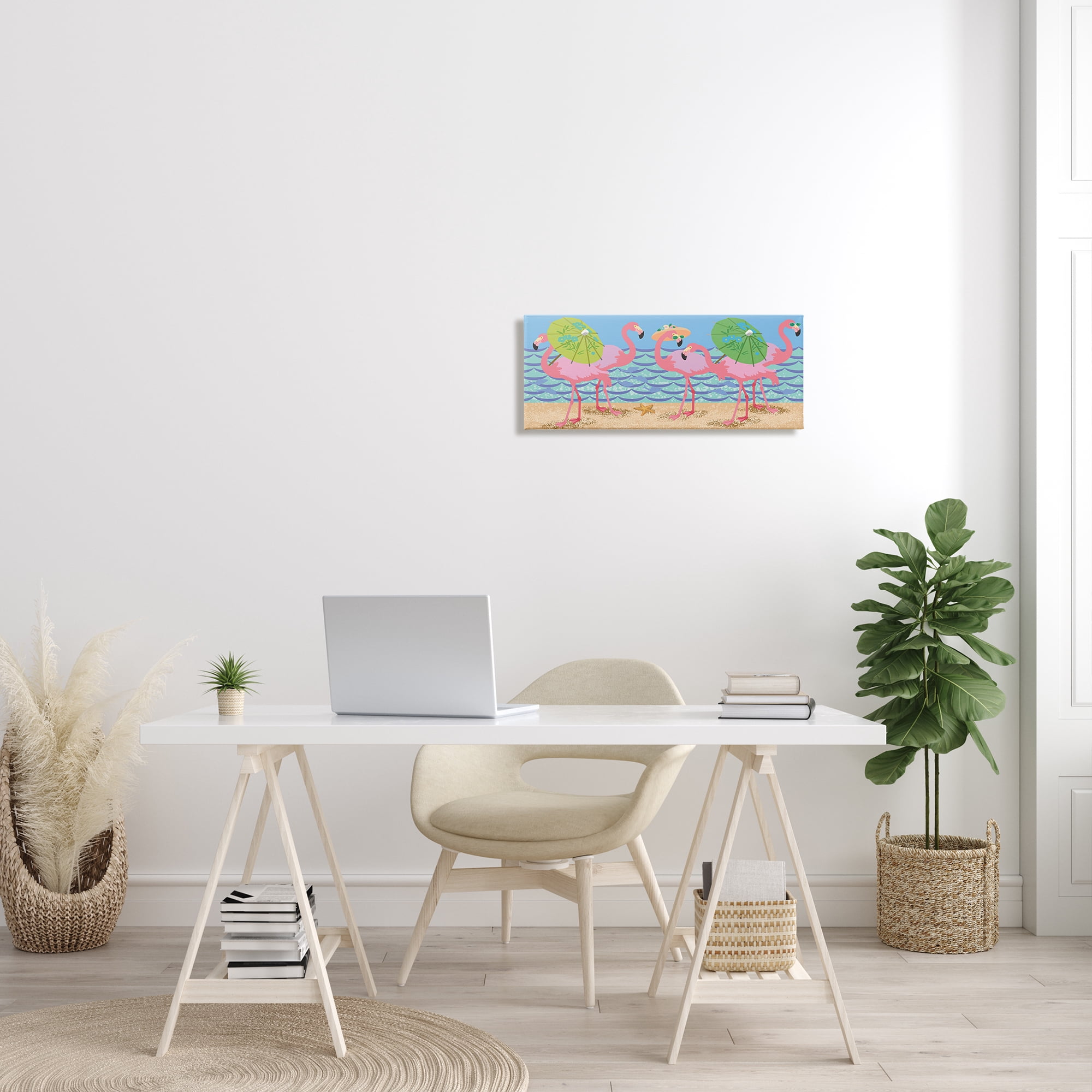 Stupell Industries Pink Flamingos with Floral Umbrellas Beach Waves Global Painting Gallery-Wrapped Canvas Print Wall Art, 10 x 24, Design by Sally Springer Griffith