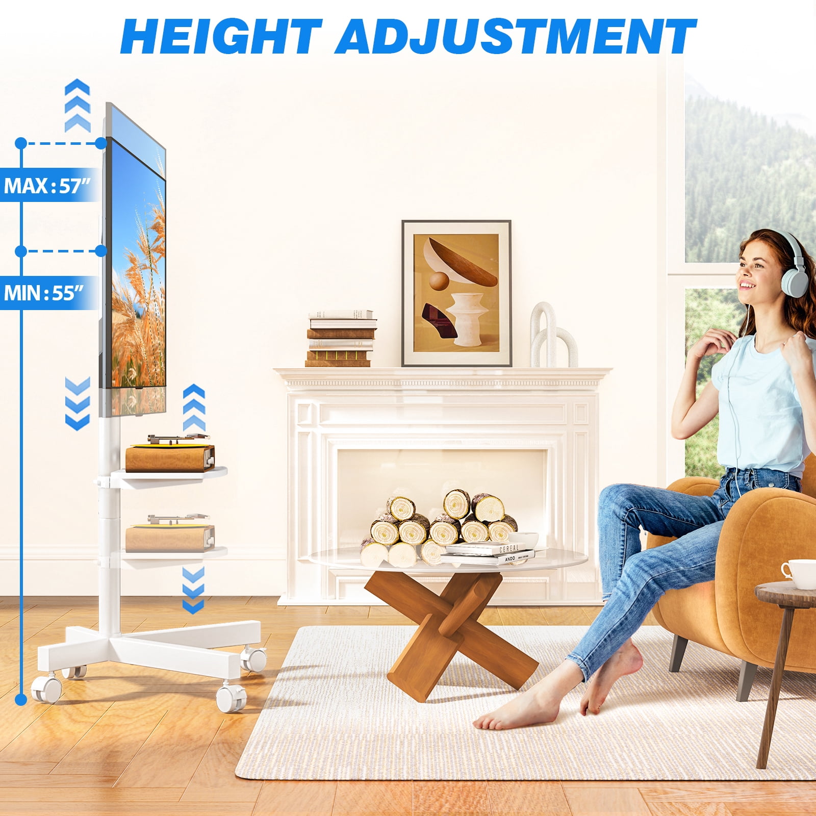 RTVR Modern Rolling TV Stand on Wheels with Shelf for 23 to 55 60 inch Flat Screens, Mobile TV Cart Stand, White