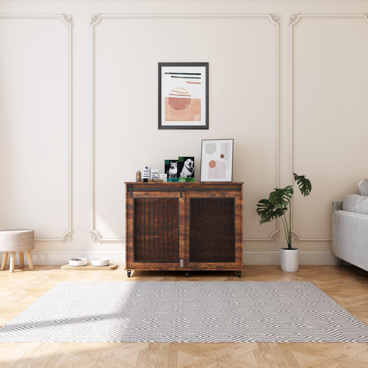Mulinsonfly 47" Wooden Dog Crate Furniture with Sliding Barn Door, Flip-Top Lid, Lockable Wheels & Removable Divider, Indoor Dog Kennel Table for Small, Medium, Large Breeds