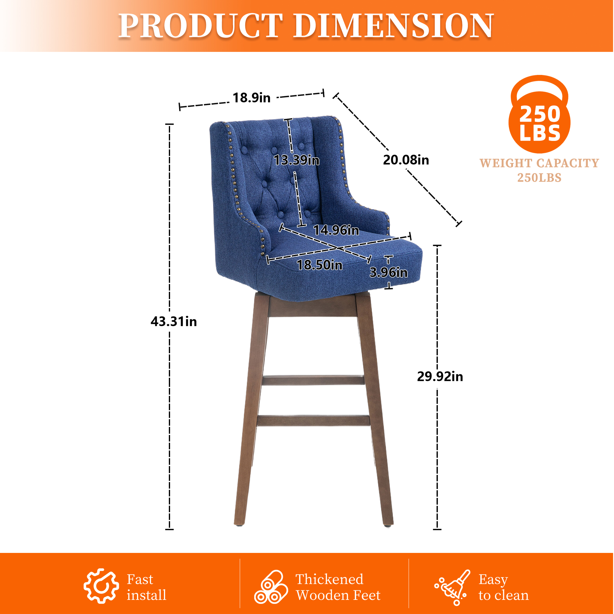 MOONMISS Linen Upholstered Tufted Wood Frame 360°Swivel Nailhead Bar Stools(set of 2)-Navy Blue