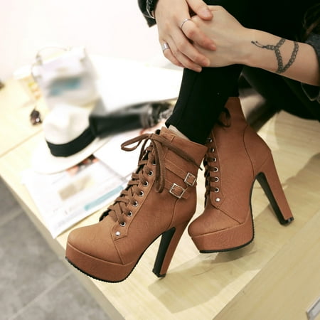 

Tejiojio Fall Clearance Women s Shoes Warm Lace Up Super High Heel Thick Heel Round Toe Belt Buckle Mid Tube Boots