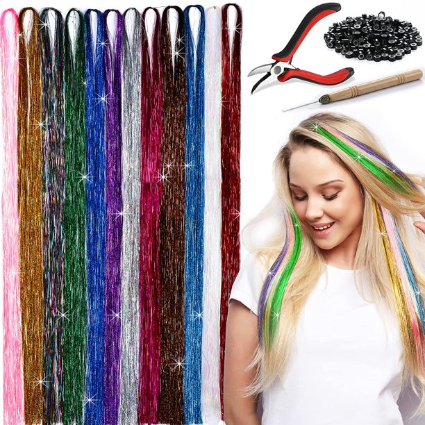 Herbiar Hair Tinsel Kit 12 Colors 47inch 2400 Strands Silver Extensions Women Girls Heat
