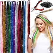 Herbiar Hair Tinsel Kit 12 Colors 47inch 2400 Strands Silver Extensions Women Girls Heat Resistant