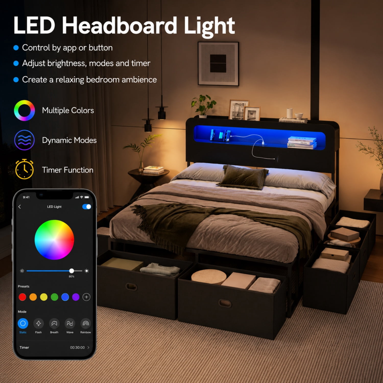 Miniyam Queen Platform Bed Frame with 8 Storage Drawers, LED Lights, Bookshelf Headboard and Charging Station, Black