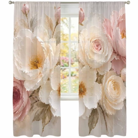 White Pink Rose Peony Sheer Curtains 84 Inches Long 2 Panels Rustic Plaster Floral Impasto Relief Flower Semi Sheer Rod Pocket Window Curtains Light Filtering Drapes for Living Room Bedroom