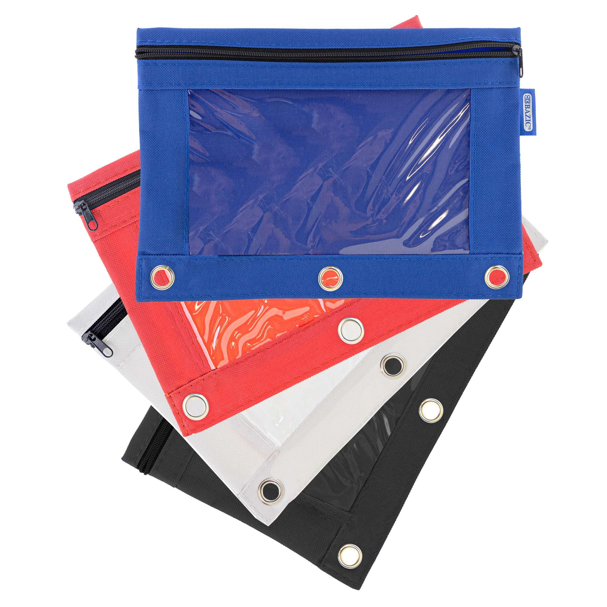 BAZIC 3 Ring Pencil Pouch, Clear Window, Classic Color, 4-Pack