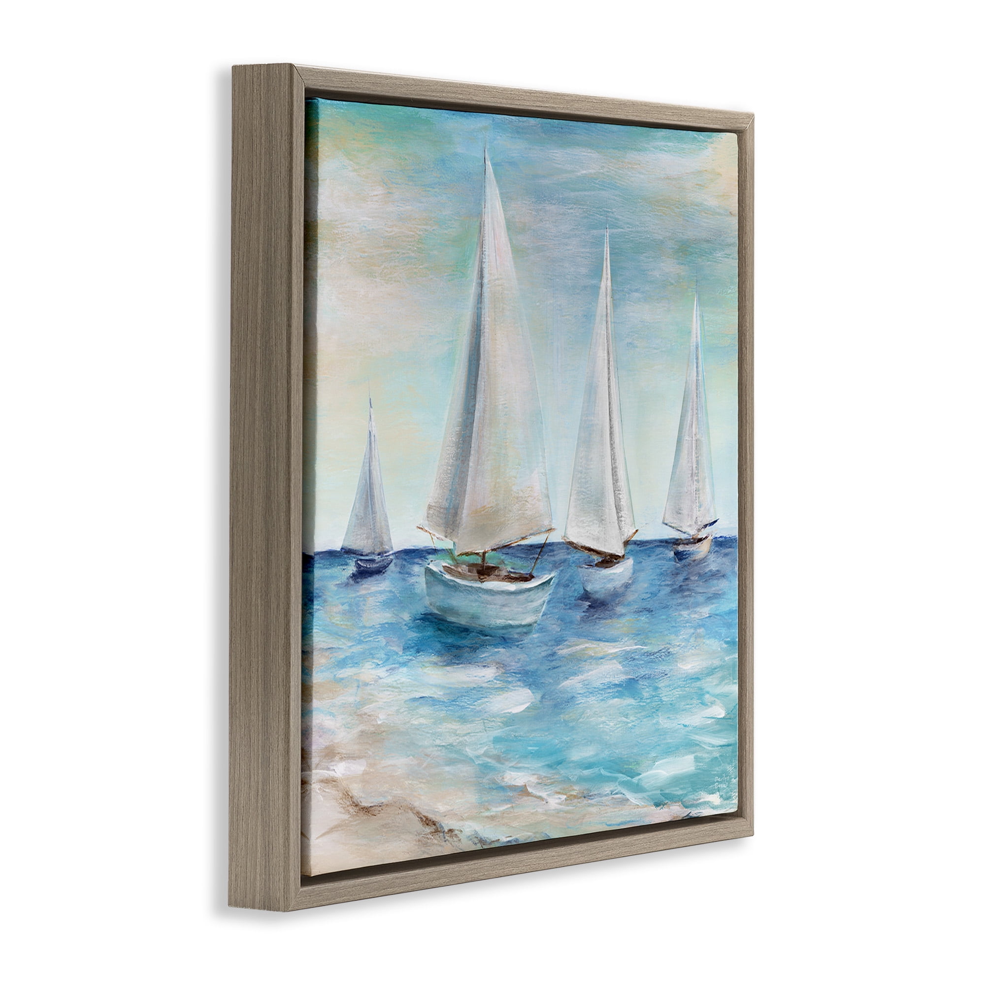 Stupell Industries Sailboats Floating Peacefully Nature Painting Brown Floater Framed Canvas Art Print Wall Art, 18 x 18