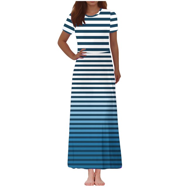Vestido Corto de Verano de la Moda de las Mujeres Impreso de Manga Corta Cuello Redondo Tobillo de Longitud Vestido Casual
