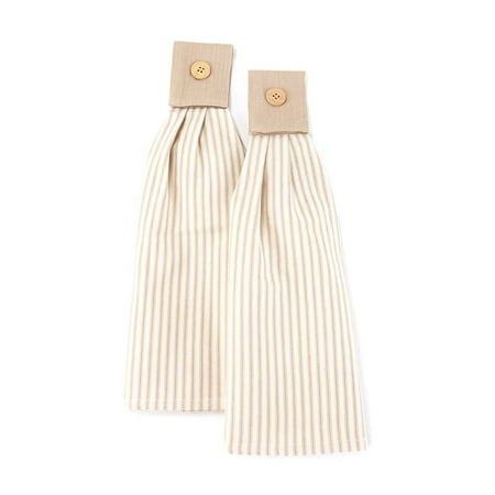 

Sets of 2 Ticking Stripe Hanging Kitchen Towels-Tan