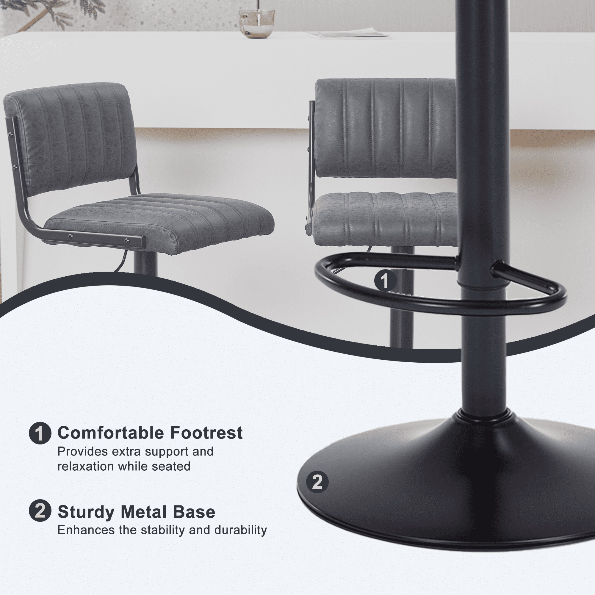 ENYLAY Adjustable Swivel Bar Stools Set of 4, Modern Faux Leather Counter Height Bar Chairs with Mid Back & Footrest for Kitchen Island Home Bar Pub, Black