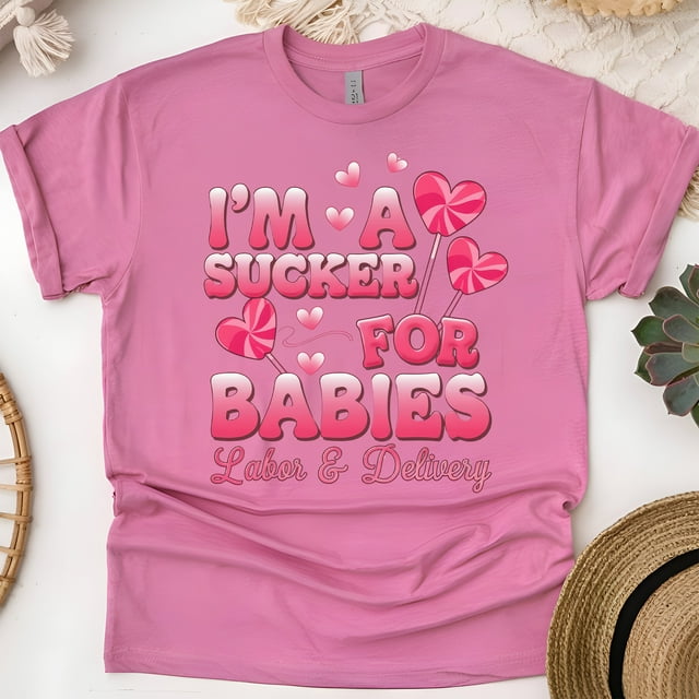 Labor and Delivery Nurse T-Shirt with Funny Baby Lollipop Design, Heliconia, Size S