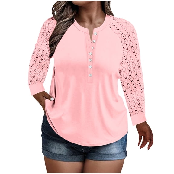 YUGYXL Plus Size Tops for Women Loose Fashion Lace Long Sleeve Button Up Shirts Dressy Casual Lightweight Pullover Pink XXXXXL