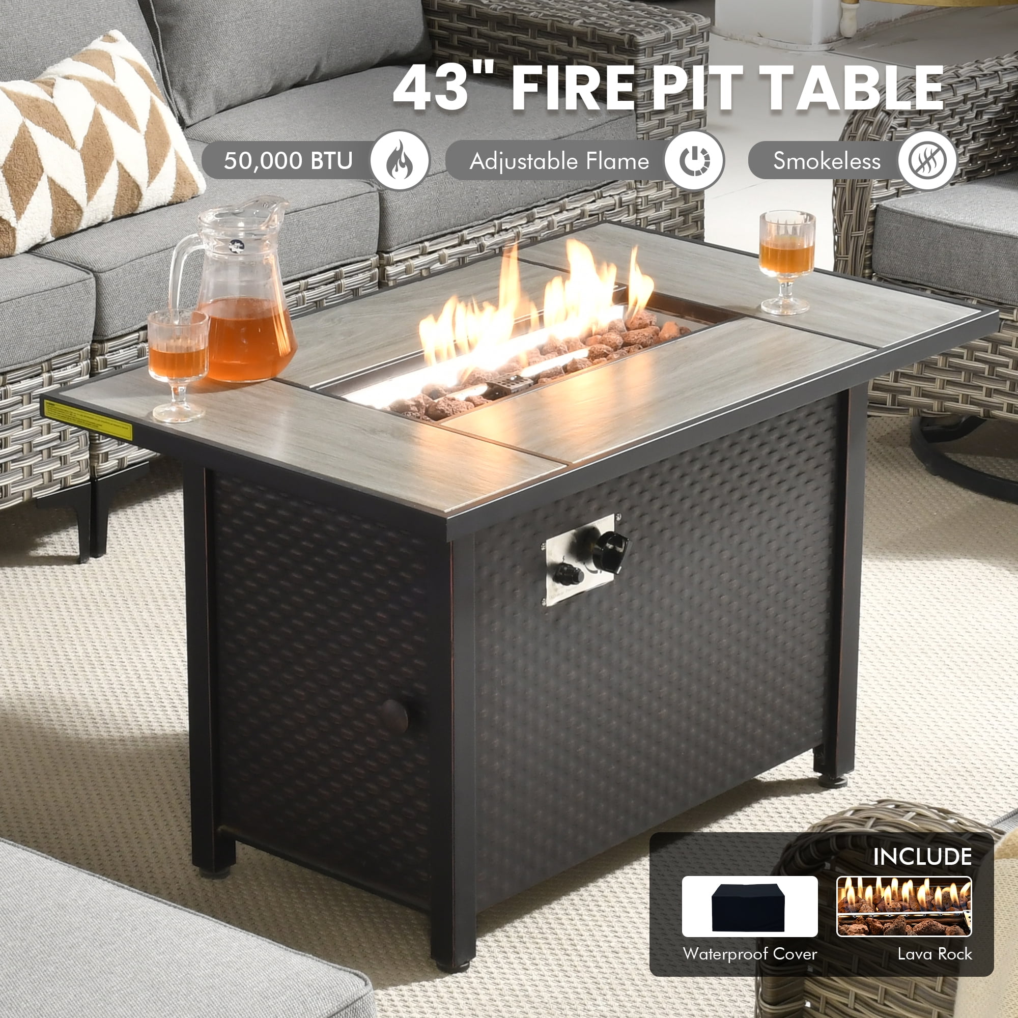 XIZZI Patio Furniture Outdoor Conversation Set with Wide Armrests, Wicker Rattan Patio Outdoor sectional with Firepit Table and Swivel Rocking Chair,Dark Grey