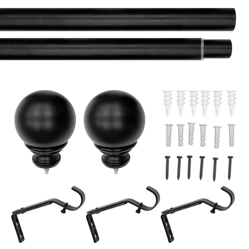 Lumi 1" Matte Black Ball Single Curtain Rod, 72-144"