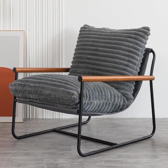 Accent Chair, Sherpa Arm Chair for Living Room, Mid Century Modern Accent Chairs, Boucle Reading Bedroom Chair, Teddy Armchair, Wooden Arms Metal Frame