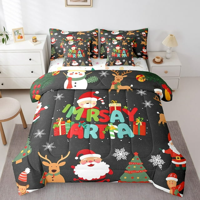YST Christmas Decor 7-Piece Bedding Set, Queen Size, Santa Claus Theme, Cartoon Deer, Snowflake Pattern