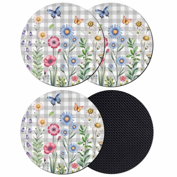 Spring Floral Coasters Set of 4, Absorbent Coasters for Drinks, Grey Plaid Pink Blue Flowers Butterfly Coaster for Desk Coffee Table Protection, Home Decor House Warming Gifts 4"