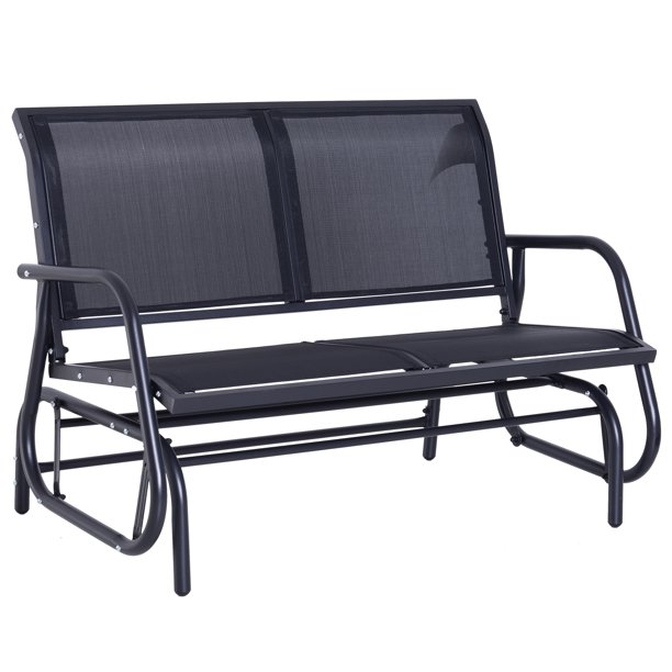 Outsunny Outdoor Black Steel Sling Fabric Double Glider Rocking Bench