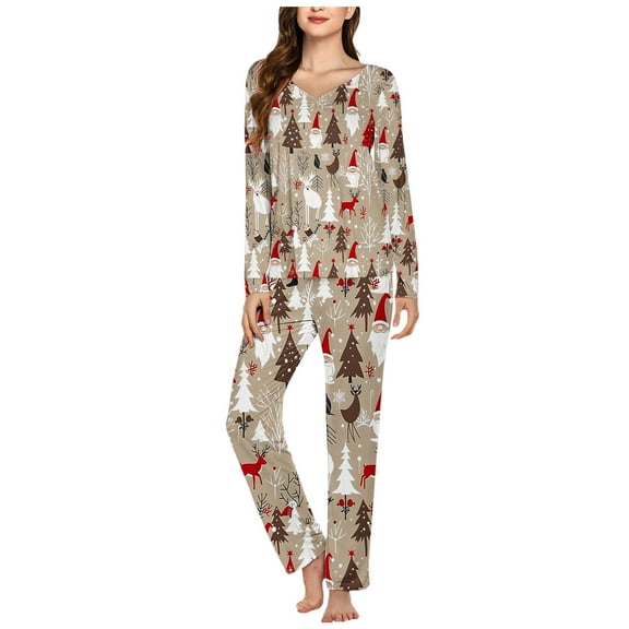 Lorytime Fall Themed Womens Pjs Sets Christmas Tree Long Sleeved V-Neck Tops Elastic Waist Pants Casual Sleepwear