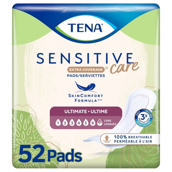 TENA Sensitive Care Extra Coverage Ultimate Incontinence Long Pads, Postpartum, 52ct