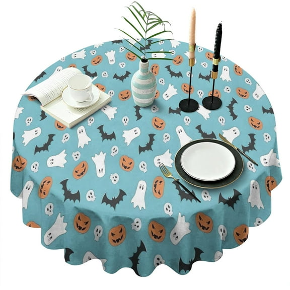 Blue Halloween Ghosts Pumpkins Skulls and Bats Round Tablecloth 60"x60",Wrinkle Wipeable Table Cloth for Kitchen Dining Room Picnic Patio Party