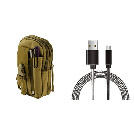 Samsung Galaxy Amp Prime 2 (Cricket) - Bundle: Tactical EDC MOLLE Utility Waist Pack Holder Pouch (Tan), Metal [Aluminum Connectors] Data Transfer Charging Micro USB Cable, Atom (Best Micro Amp For Metal)