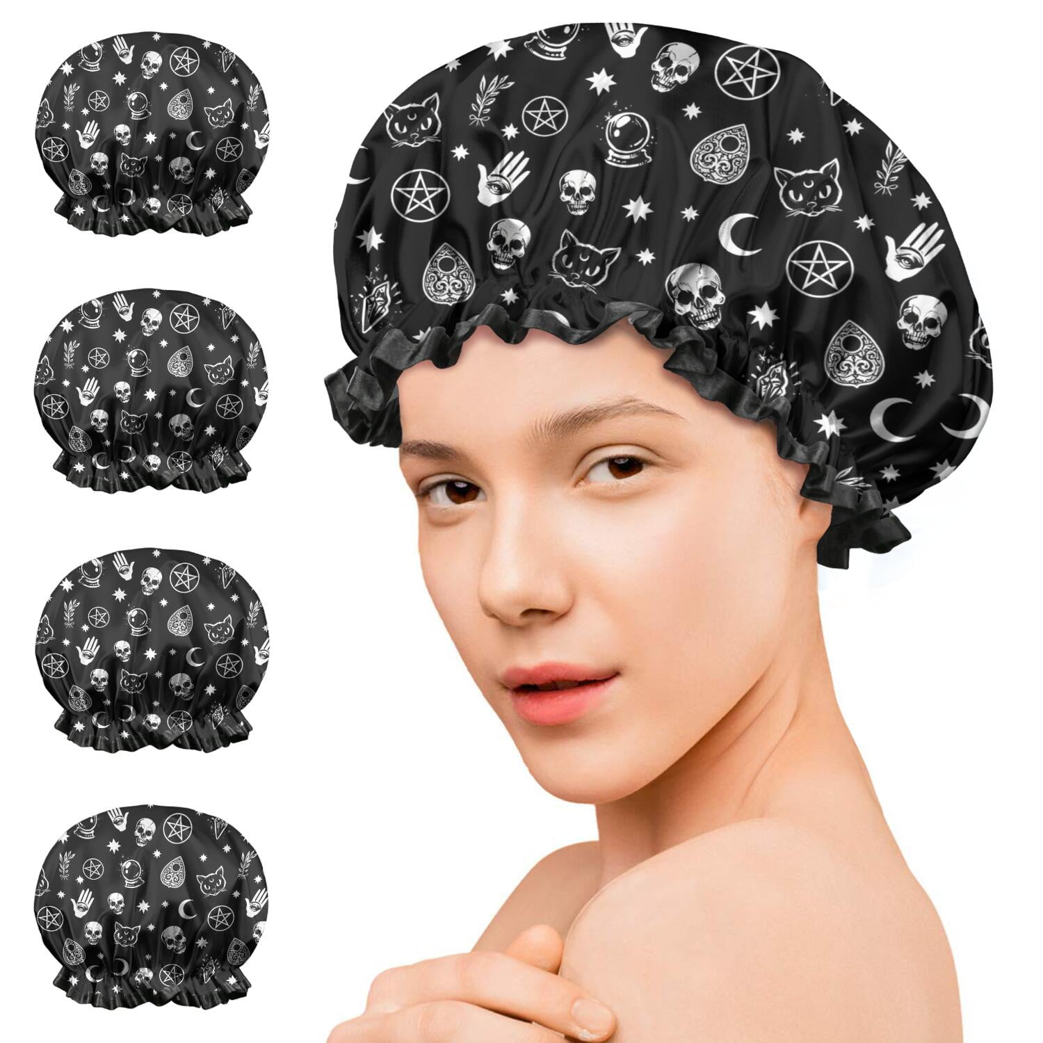 Shower Caps,Black Gothic Skull Star Pattern Waterproof Shower Cap for Women 4 Pieces,Double Reusable Hair Cover for Shower PEVA Elastic Stretch Hem