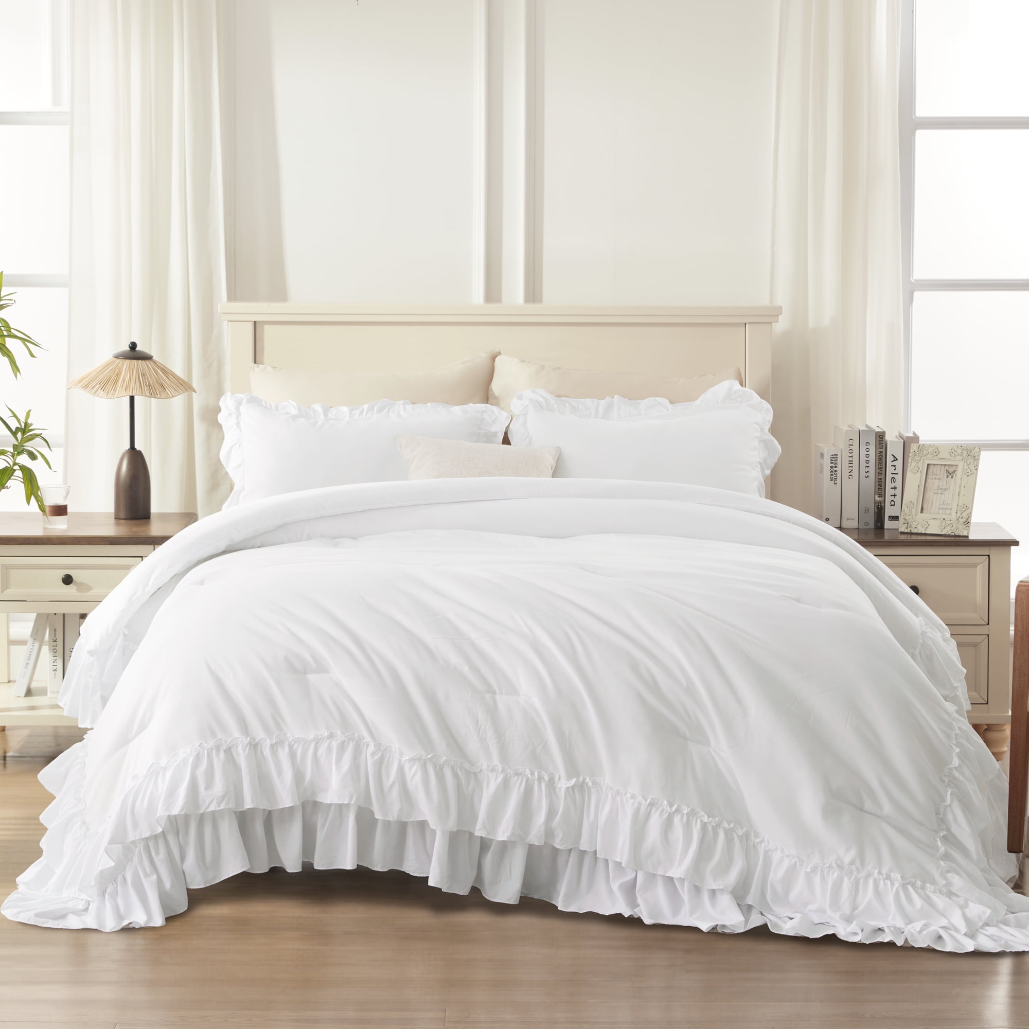 ANGENIA Full Size Comforter Set White - 3 Pieces Soft Cozy Fluffy Ruffle Bedding Comforter Sets, All Season Lightweight Farmhouse Down Alternative Bed Set for Girls Teens Boys Kids