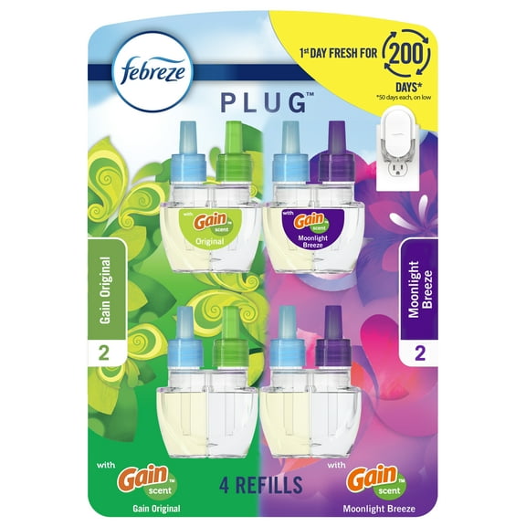 Febreze Plug In Air Freshener, Odor-Fighting Scented Oil Refill, Gain Mixed Variety Pack, 4 Count