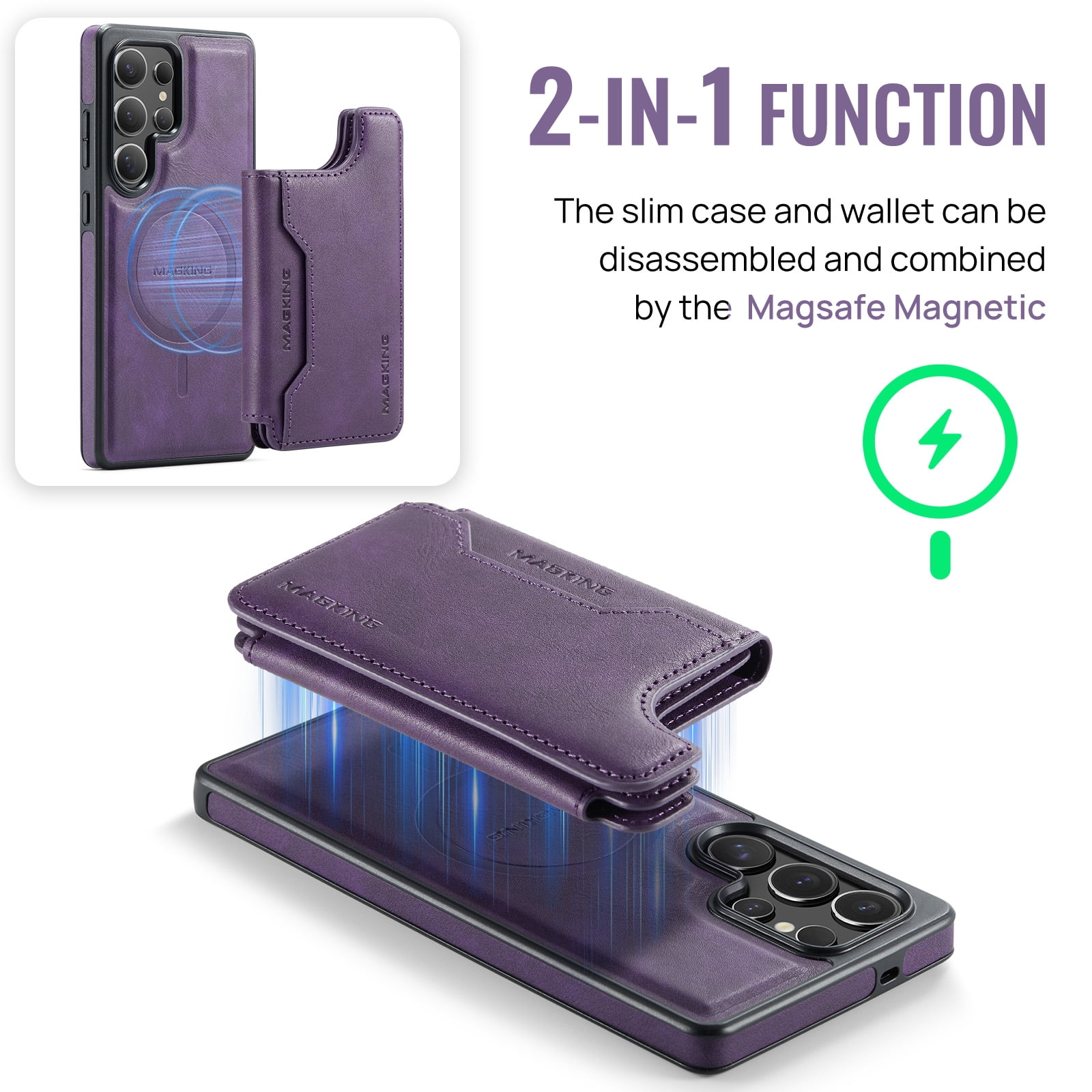 Designed for Samsung Galaxy S24 Ultra Wallet Phone Case,Magnetic Detachable Flip Card Holder,Back Flip Kickstand,Compatible with Mag-Safe,2-in-1 PU Leather Heavy Duty Shockproof Phone Case,Purple