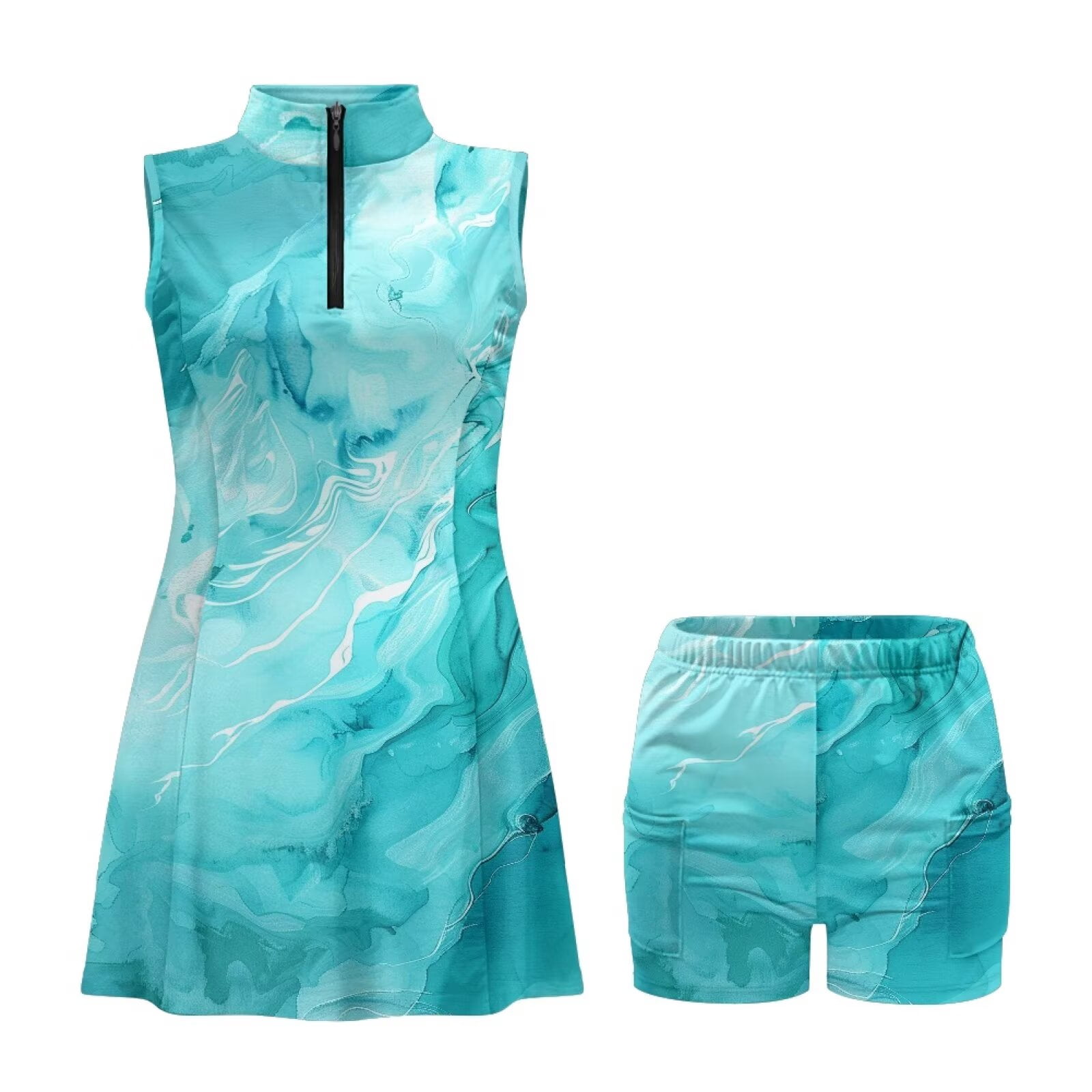 Uorisanigo Blue Marble Pattern Womens Sleeveless Golf Tennis Dresses Relaxed Workout Active Athletic Dresses with Shorts 1/4 Zipper Outing Wear for Women