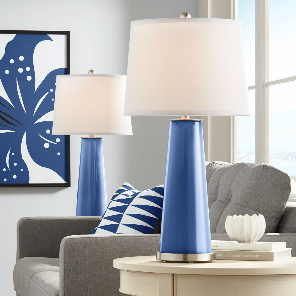Color Plus Modern Table Lamps Set of 2 Monaco Blue Glass Tapered Column