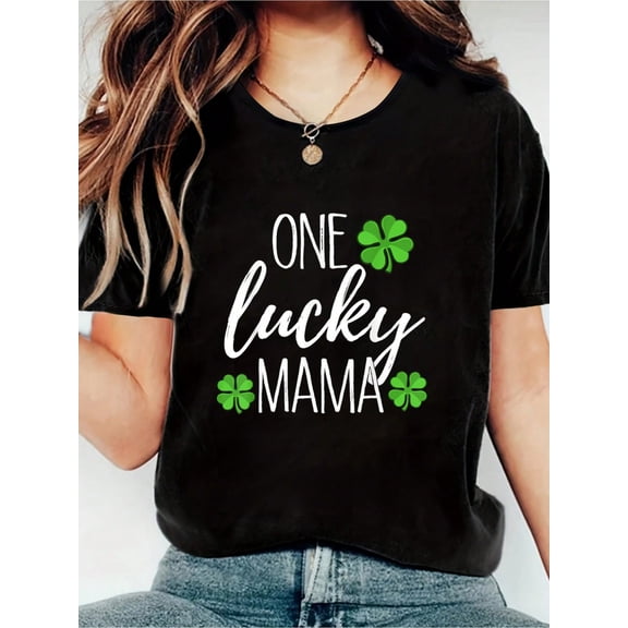 100% Cotton One Lucky Mama Matching St Patricks Day T Shirt Print Women's Gift T-Shirt, Round Crew Neck Soft Short Sleeve T-Shirt For Spring Summer, Fun Graphic Tops T-Shirts For Women