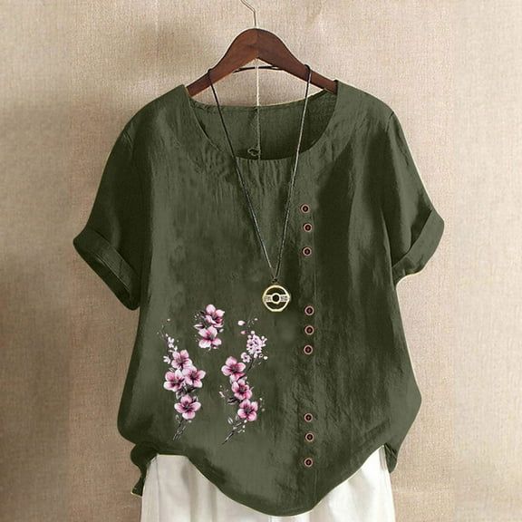 QUNYINEY Floral Women's T-Shirts Crew Neck Short Sleeve Casual Pullover Tops Loose Button Linen Womens Tops